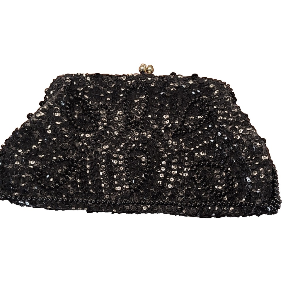 Vintage Black Beaded Sequin Kiss Lock Clutch Evening Bag Made in Japan